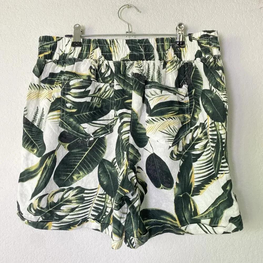 Per Se Green Tropical Linen Blend Shorts‎ Medium Resort Vacation Beach Hawaiian